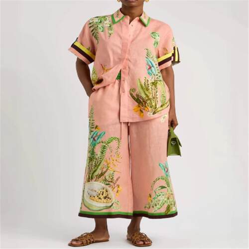 Printed V-neck Bubble Women's Chiffon Dress时尚亚麻印花短袖