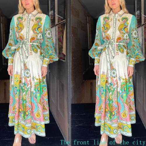 Printed slim fit cotton linen sexy bubble dress2024印花时尚