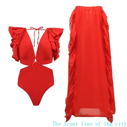 Sexy swimsuit flower bikini set for women2024纯色连体泳衣复