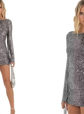 deep V backless sequined tank top sexy slim fit dress女装方
