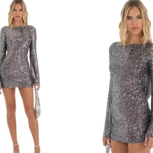 deep V backless sequined tank top sexy slim fit dress女装方