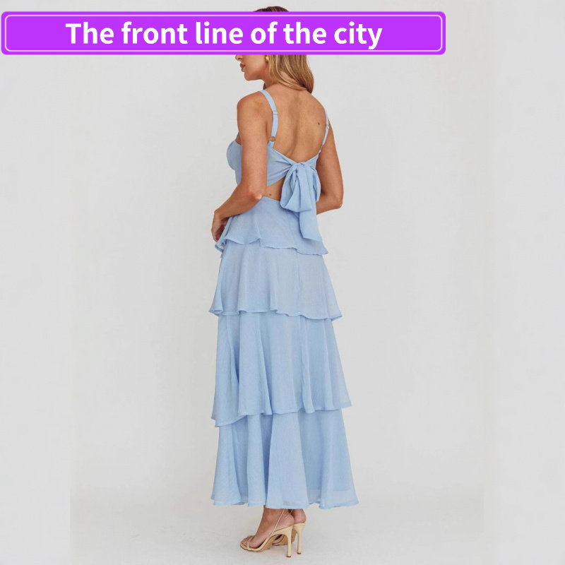 Sexy backless slit spaghetti strap top women连衣裙吊带蛋糕裙