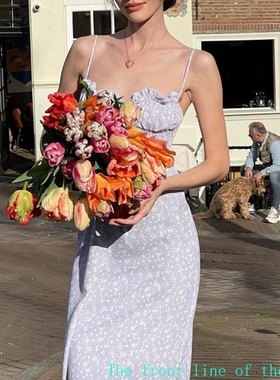 Floral sexy casual bubble dress吊带碎花低胸系带法式复古浪漫