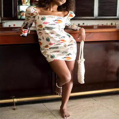 Sexy Deep V Flower Dress Printed Satin Vacation Long Dress亚
