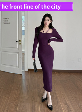 Sexy slim lace party mini dress紫色长袖针织连衣裙女裙子修身