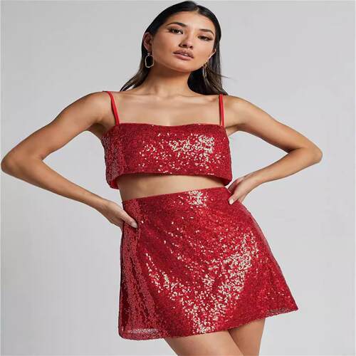 deep V backless sequined tank top sexy slim fit dress亮片性