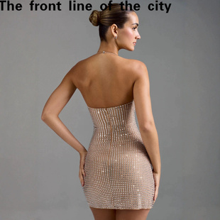 slim hugging fit hip dress高端轻奢小众烫钻挂脖连衣 sexy Lace