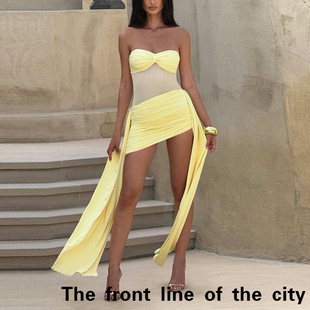 Deep V-silk soft satin waist cinching sexy dress色抹胸连衣裙