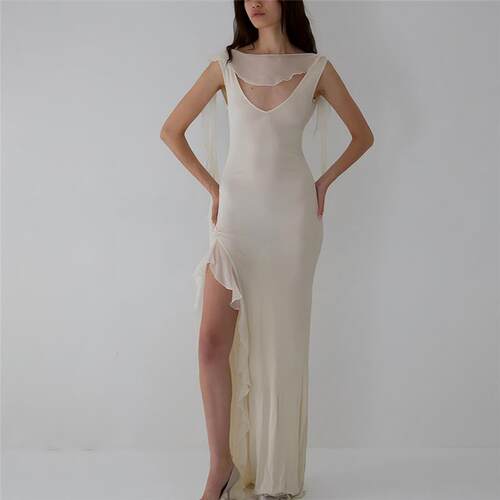 Satin sexy slim fit long dress欧美风外贸夏季气质飘带女士长裙