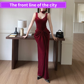 dress吊带敬酒服女新款 Sexy 年会生日主持 party mini slim lace