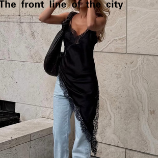 slim hugging fit hip dress蕾丝边拼接低胸不规则侧开 sexy Lace