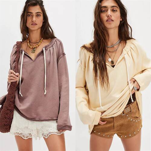 Loose women's jacket Sexy Dress25秋季抽绳系带V领套头上衣长袖