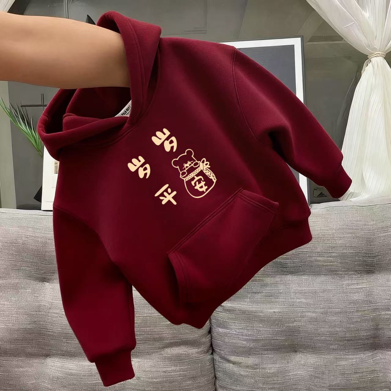 儿童连帽卫衣秋冬季新款喜庆加绒新年服男女童宝宝宽松保暖绒衫潮