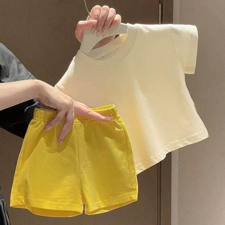 女童短袖套装夏季新款纯色圆领薄款t恤衫宝宝休闲百搭宽松五分裤
