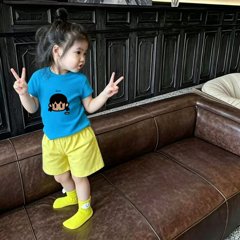 女童短袖套装夏季新款卡通印花圆领休闲半袖衫宝宝宽松百搭五分裤图片