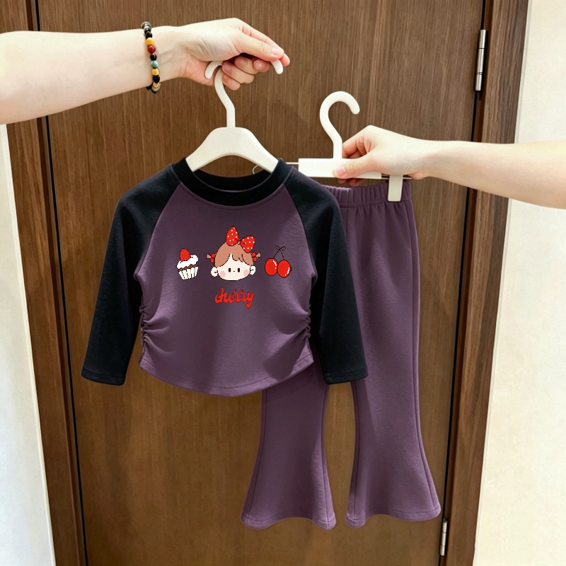 女童长袖套装早秋新款拼色圆领卡通薄款t恤宝宝洋气休闲喇叭裤潮