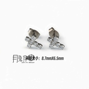 F136钛合金0.8mm可前插镶钻十字架耳钉爆闪5A锆石甜美耳骨耳蜗钉