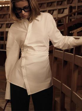 Slim Printed satin V-neck skirt set棉质白色长袖收腰女式衬衫