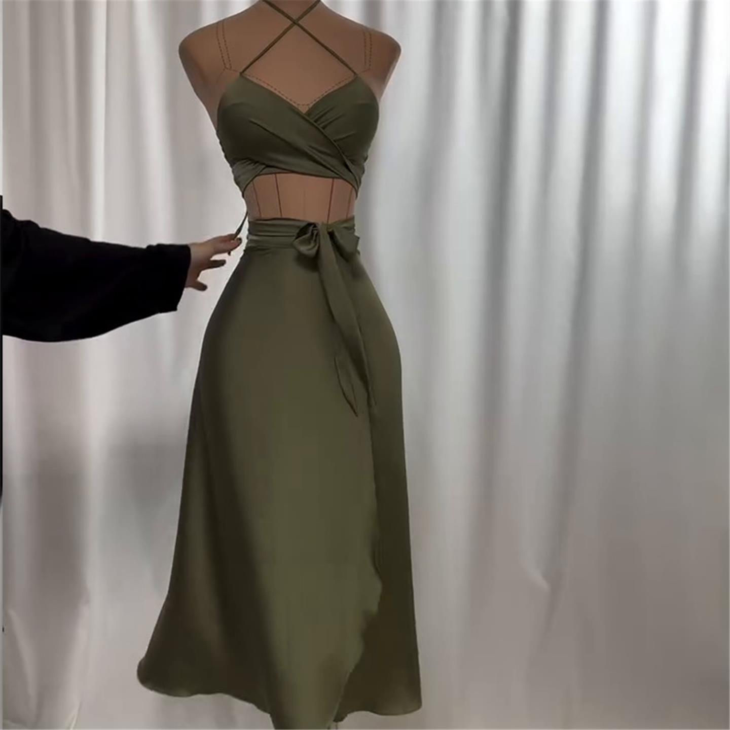 Sexy dress women's slim neck hanging strap print suit现货夏