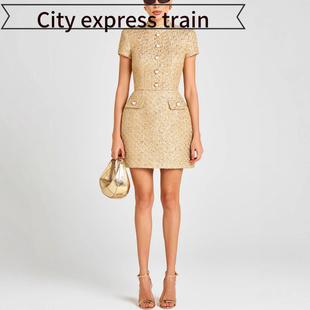 embroidered 立领连 Women sequined sexy dres秋冬短袖 neck