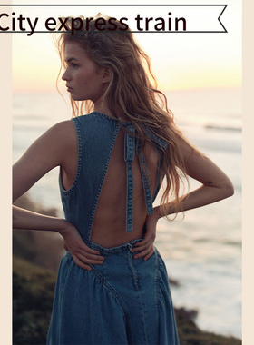 Women's Strapless Bodycon Sexy Bow Dress 无袖露背绑带牛仔连