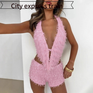 embroidered sequined dres年新吊带深领露 neck sexy Women