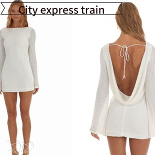 embroidered 收腰礼 Women sequined sexy dres方领长袖 neck