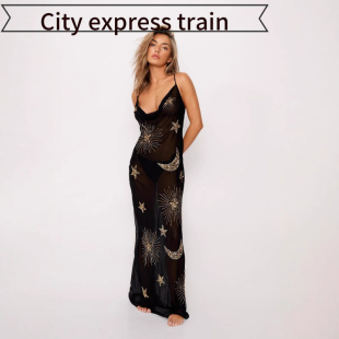 embroidered sequined neck dres亮片刺绣裙子领 Women sexy