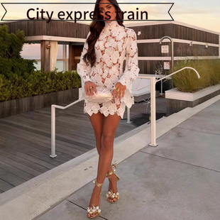 embroidered sequined dres跑境春夏花边长 neck sexy Women