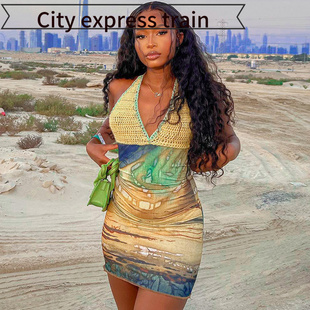 sexy fit slit dress women性感印花拼接毛织 Strapless for slim