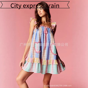 embroidered sequined neck dres春夏印花花边拼 Women sexy