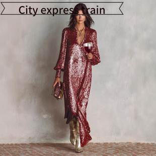 embroidered 开叉亮 Women sequined sexy dres秋冬长袖 neck
