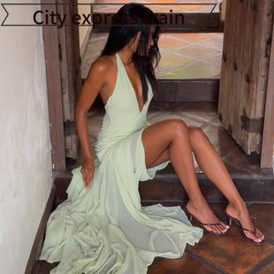 sexy fit slit dress women挂脖深气质性感透 Strapless for slim