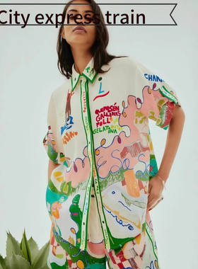 Printed linen casual dress shirt cardigan独立站印花亚麻休闲
