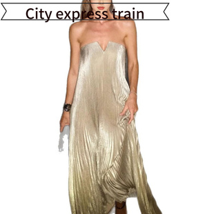 fit Sexy slim pleated dress独立站抹胸压褶超大摆连衣裙 hollow