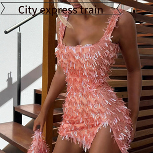 embroidered 吊带露肩 Women sequined sexy dres年新品 neck