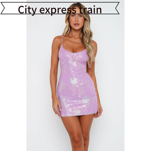 embroidered sequined dres性感吊带亮片蝴 neck sexy Women