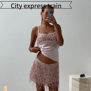 embroidered sequined dres年独立站粉色闪 neck sexy Women
