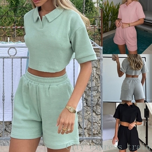 set for 休闲V领拉链短袖 piece 上衣 home nightgown Two women