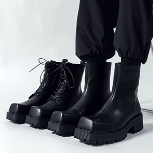 【商场同款】方头马丁靴男款高帮德比鞋黑色厚底增高切尔西靴冬季