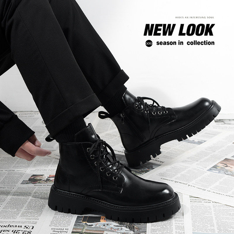 【商场同款】马丁靴男款英伦风中帮皮鞋厚底增高男生皮靴子侧拉链