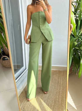 西服纽扣气质抹胸直筒裤套装 Button Top Straight leg Pants Set