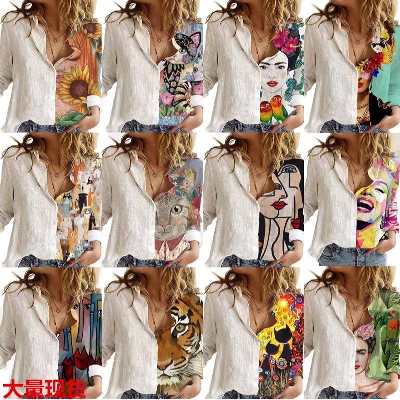 欧洲站欧美街头时尚气质速卖通上衣白色衬衫新款印花长袖衬衣多色