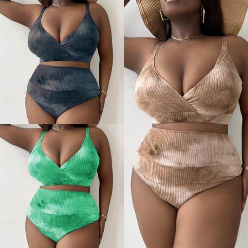 新款胖扎染吊带深加大码性感高腰比基尼泳衣High waisted bikini