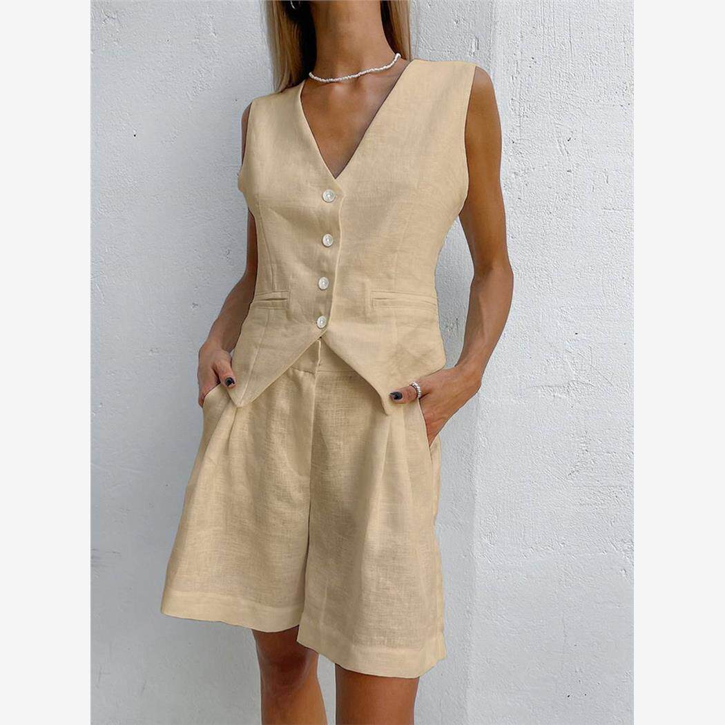 棉麻西装背心套装女装夏季休闲无袖背心短裤两件套vest short set