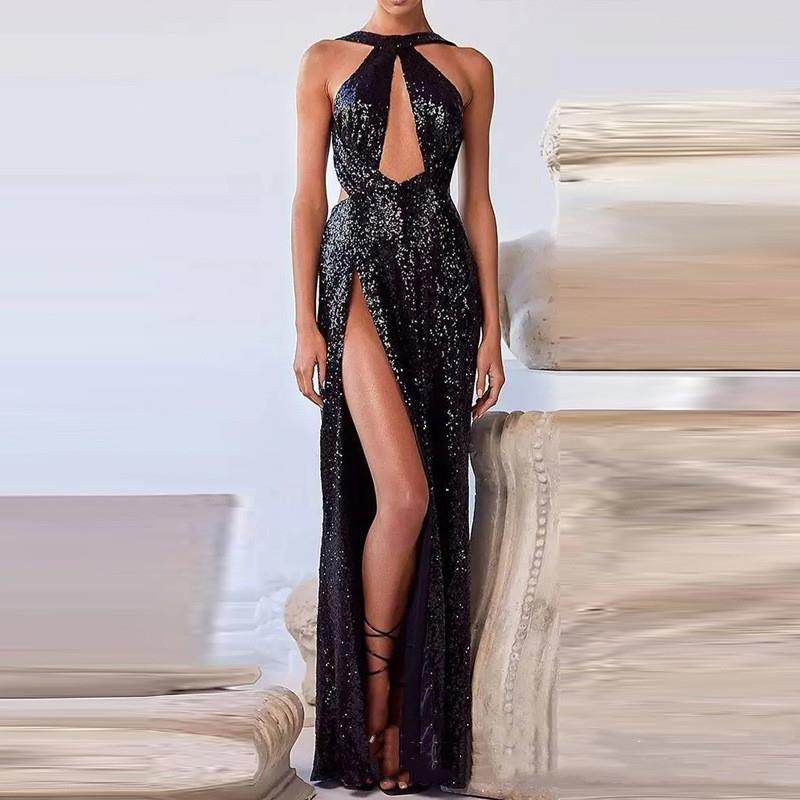 Sexy dress新款高端黑色亮片性感露背开叉显瘦长裙晚礼服聚会敬酒