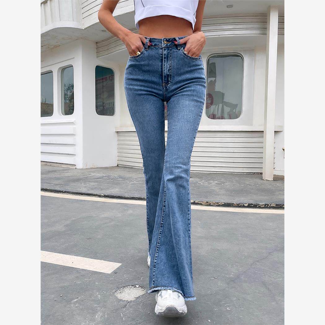 Women's Raw Hem Flare Jeans High Waist Full Length Slim Jean