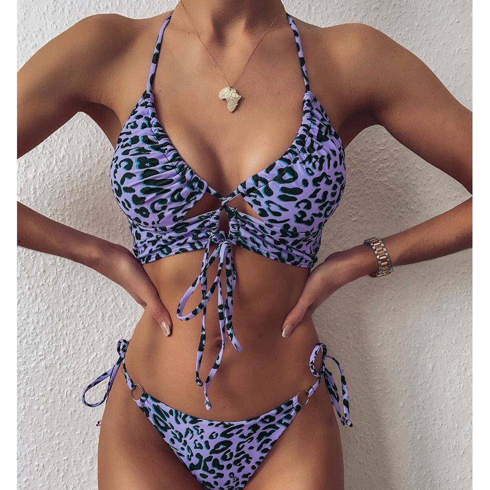 欧美风性感挂颈豹纹印花抽绳系带聚拢沙滩三点式比基尼女两件式泳