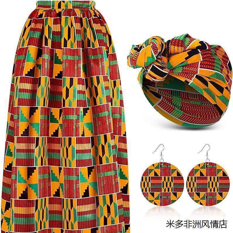 定制Dress skirt 3件女式非洲印花半身裙A字裙带口袋+头巾+耳坠套