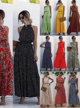 Summer Elegant Sexy beach long Dress Women挂脖性感沙滩度假裙